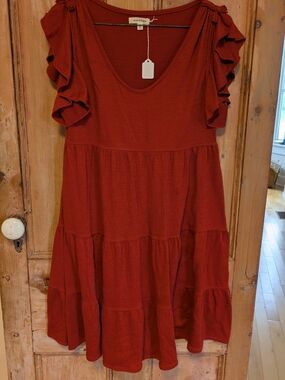 Max Studio Ruffled Sleeve Tiered Mini Dress in Rust